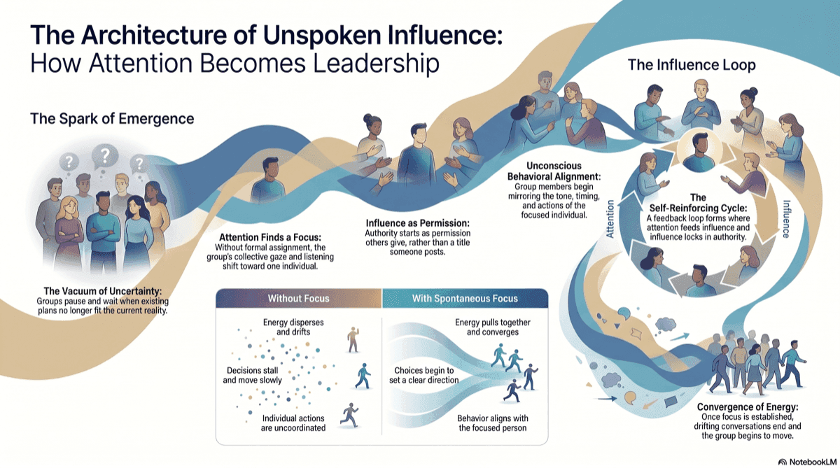 Infographic summarizing how attention converges on one person and influence follows.