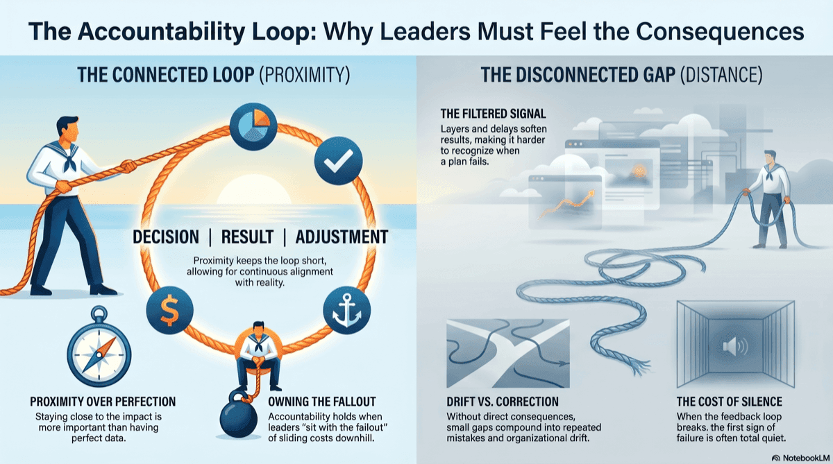 Infographic summarizing how leaders stay tied to the consequences their decisions create.
