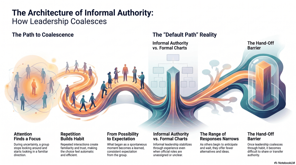Infographic summarizing how the group keeps defaulting to the same person as decisions repeat.